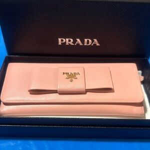Prada Pink Saffiano Bow Continental Wallet with Gold Logo Box COA